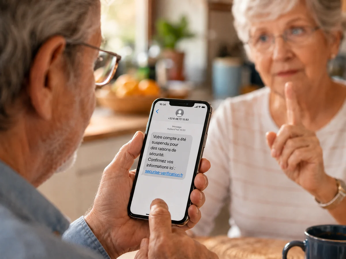 Un couple senior consulte un SMS douteux ensemble, réflexe Senolo : vérifier avant de cliquer.