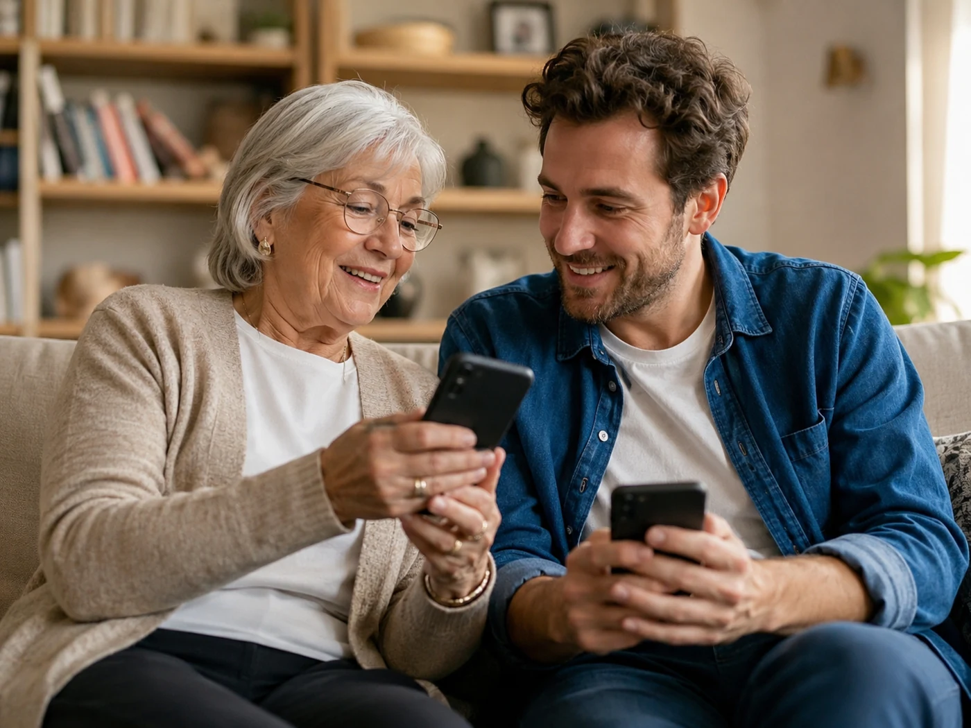 Une grand-mère et son fils utilisent leurs téléphones côte à côte, dans le calme, partage retrouvé.